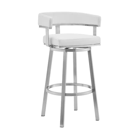 Armen Living Lorin 30" White Faux Leather and Brushed Stainless Steel Swivel Bar Stool LCLRBABSWH30
